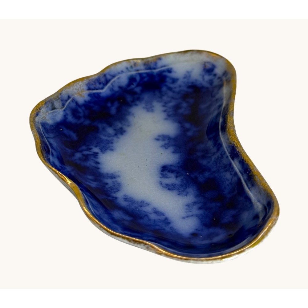 Antique Flow Blue Bone Dish W&E Corn Garland Porcelaine Royale Gold Trim 1890s - Picture 4 of 9